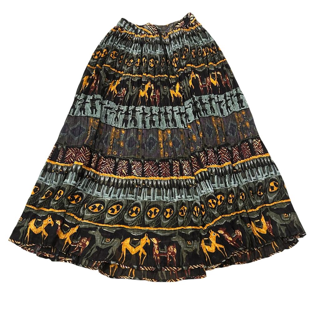 Vintage Horse Print Cotton Gauze Broomstick Maxi Skirt Boho India -